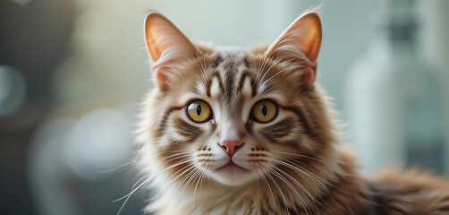 Close-up portrait of an adorable fluffy ginger tabby cat with striking yellow eyes, looking directly at the camera.