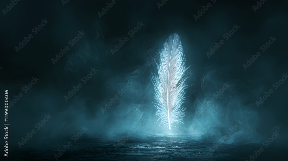 Aufkleber A single glowing feather floating through a misty, abstract void, the scene both ethereal and calming