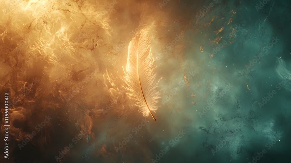 Aufkleber A single glowing feather floating through a misty, abstract void, the scene both ethereal and calming