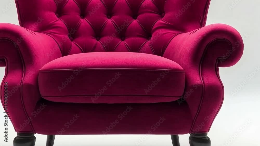 Poster A striking pink tufted armchair stands prominently in a minimalist interior setting. Soft lighting enhances the chair's plush texture, creating an inviting atmosphere perfect for relaxation.