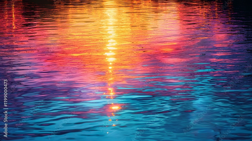 Poster Sunset reflections on a rippling lake, blending vibrant real-world hues with glowing abstract tones