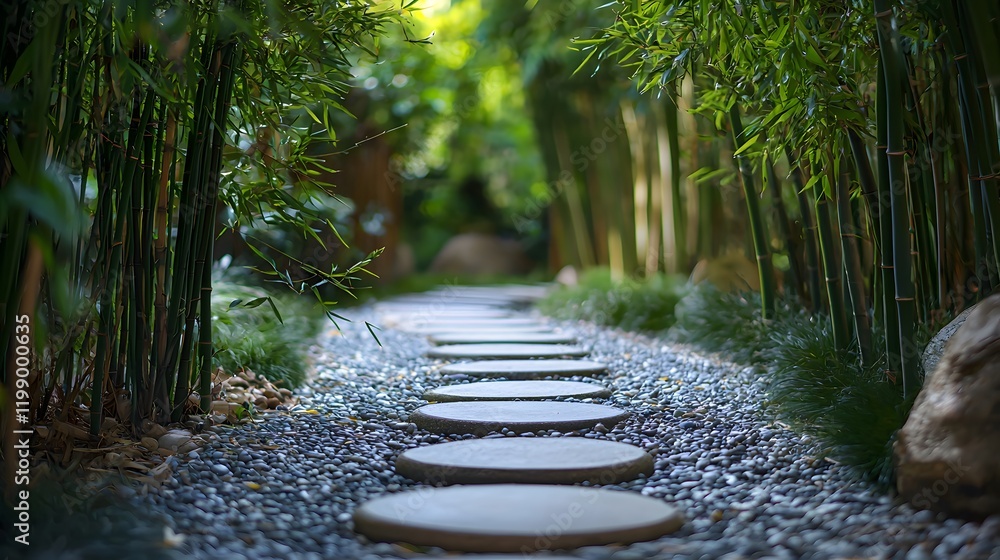 Poster A smooth stone path leading through a quiet Zen garden, soft light filtering through bamboo trees