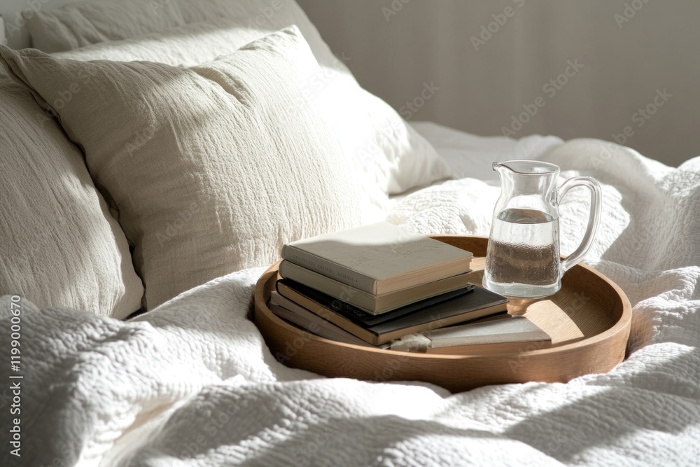 Poster cozy bed setting with a tray of books and a pitcher, ideal for a relaxing afternoon or as a prop in 