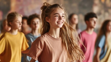 Fototapeta premium Happy Young Girl Smiling in Dance Class with Group of Teens