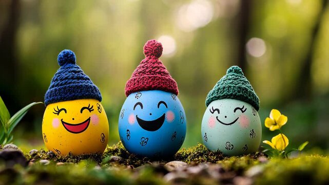 Three eggs with hats on their heads and smiling faces