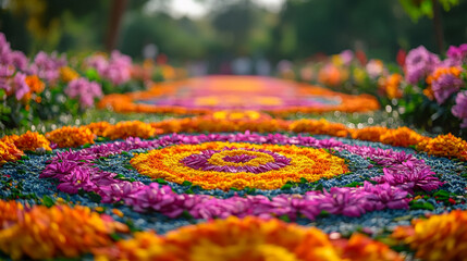 Obraz premium Vibrant flower arrangements celebrate Onam festival in a beautiful garden setting