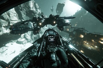 Immersive first-person view from a spaceship cockpit, navigating through an asteroid field near a futuristic space station.