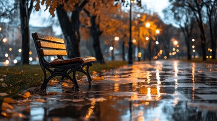 Serene Park Bench Under Rainy Conditions at Night with Reflection
