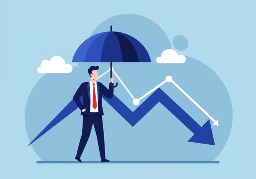 Businessman with umbrella facing downward trend in financial market conceptual illustration