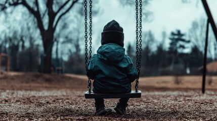 Child on Swing Surrounded by Trees on a Cloudy Day at Playground