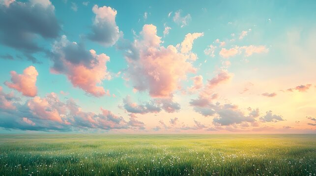 A vast, open field with rolling clouds drifting lazily across a pastel sky