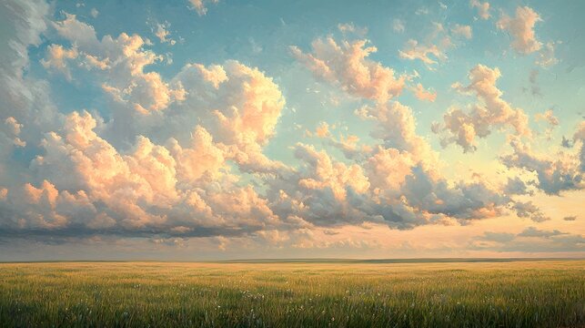 A vast, open field with rolling clouds drifting lazily across a pastel sky