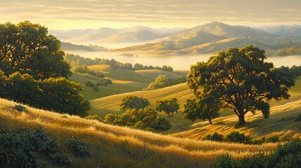 A peaceful scene of rolling hills under a soft morning fog, illuminated by gentle golden light