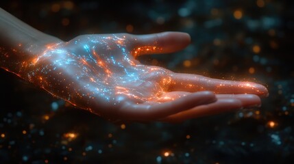 Fototapeta premium A person holds out their hand with glowing stars visible in the background, suitable for use in sci-fi or fantasy themed designs