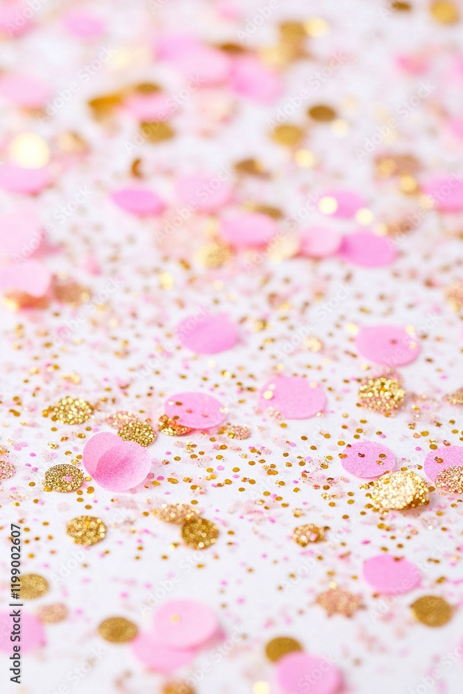 Poster this vibrant background features an array of pink and gold confetti scattered across a clean white s