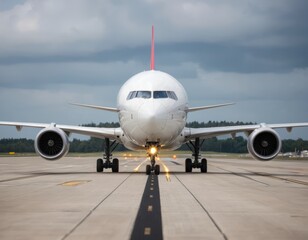 Fototapeta premium Front view of a large passenger airplane taxiing on a runway, ready for takeoff under a dramatic cloudy sky.
