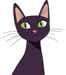 Cartoon Black Cat with Green Eyes and Pink Ears Drawn in Minimalist Style