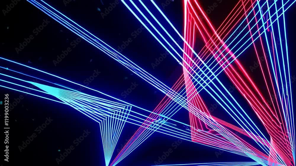 Poster intersecting neon laser beams in red and blue hues, creating a vibrant and futuristic visual display
