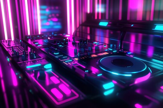 This vibrant DJ booth features glowing LED panels in pink, blue, and purple. The modern design creates a dynamic atmosphere perfect for electronic music events at night