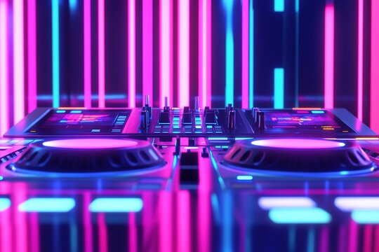 A DJ booth stands prominently with glowing LED panels radiating shades of pink, blue, and purple