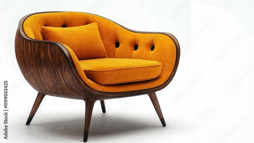 Poster This striking armchair features a plush yellow cushion and a sleek wooden frame, showcasing its modern design in a simple, uncluttered environment that highlights its curves.