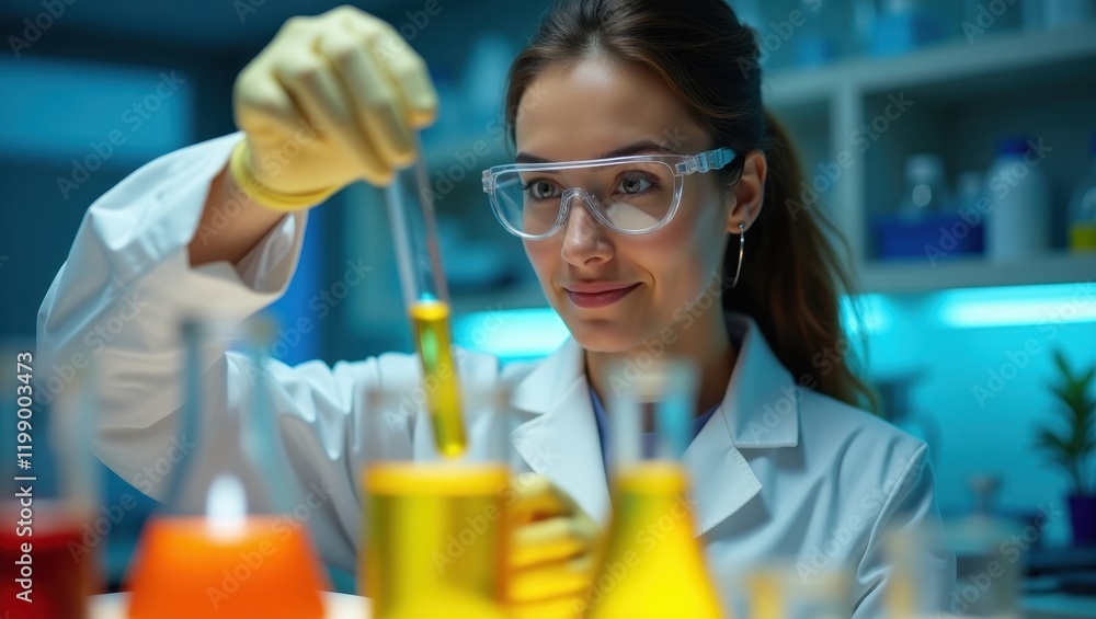 Poster scientist in lab coat and gloves carefully conducting an experiment with colorful liquids in a labor