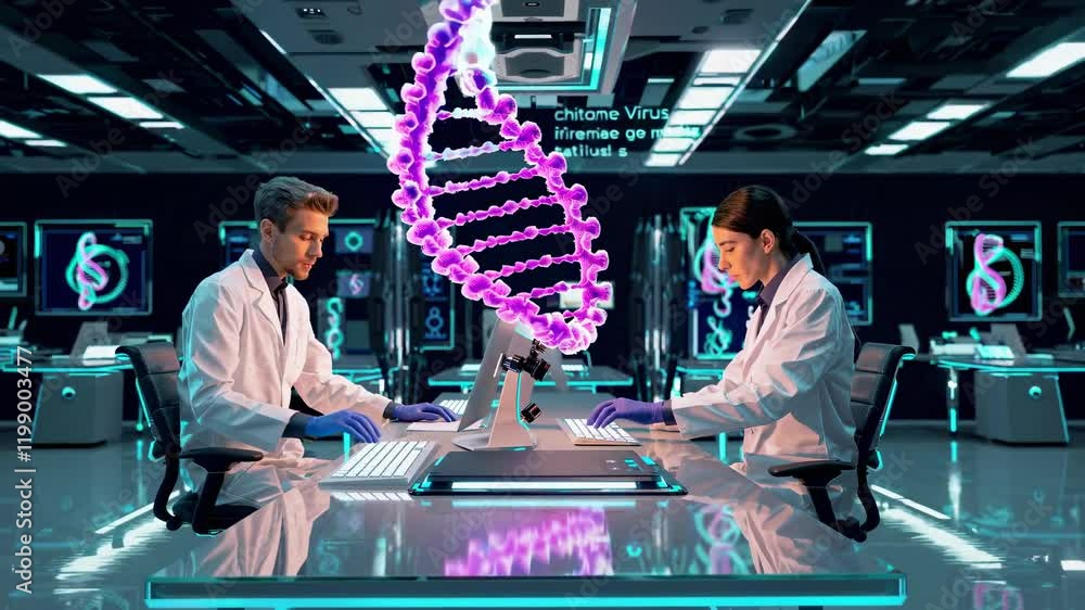 Aufkleber Scientists analyze genetic data in a high-tech laboratory with holographic displays and DNA models