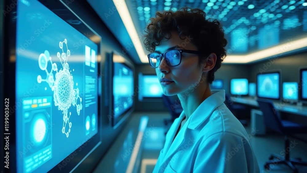 Aufkleber focused scientist examines data in a modern laboratory during a research session on innovative techn