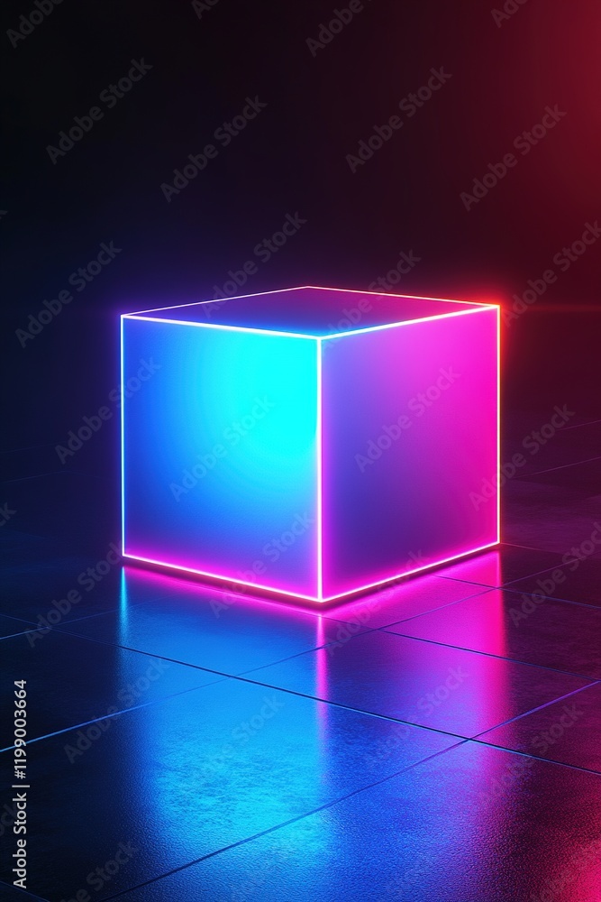 Poster this setting showcases a vibrant futuristic club atmosphere highlighted by a glowing cube podium in 