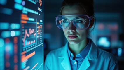 Scientist examines neural network data in a modern research lab setting at night, focusing on complex algorithms and visualizations