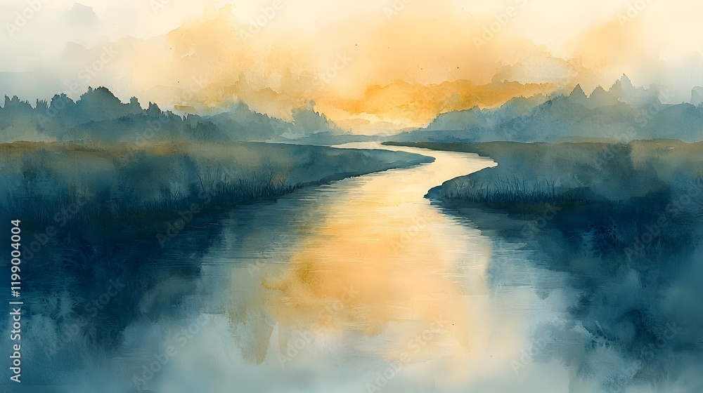 Poster smooth transitions between soft gradients of watercolors, creating a flowing river effect