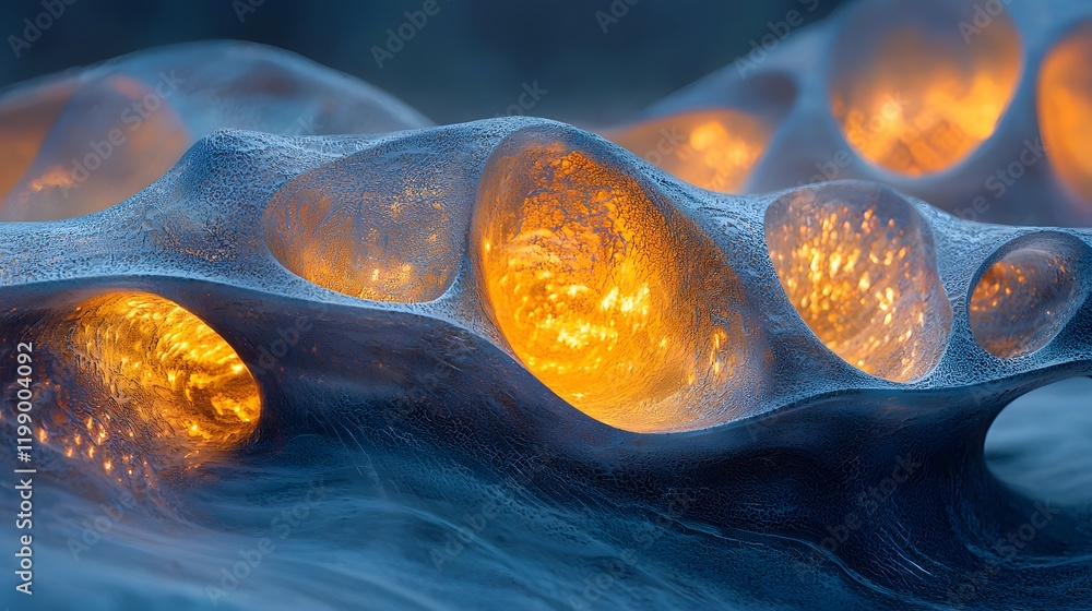 Poster close-up of smooth, glowing patterns resembling flowing lava, but in cool tones of blue and gray
