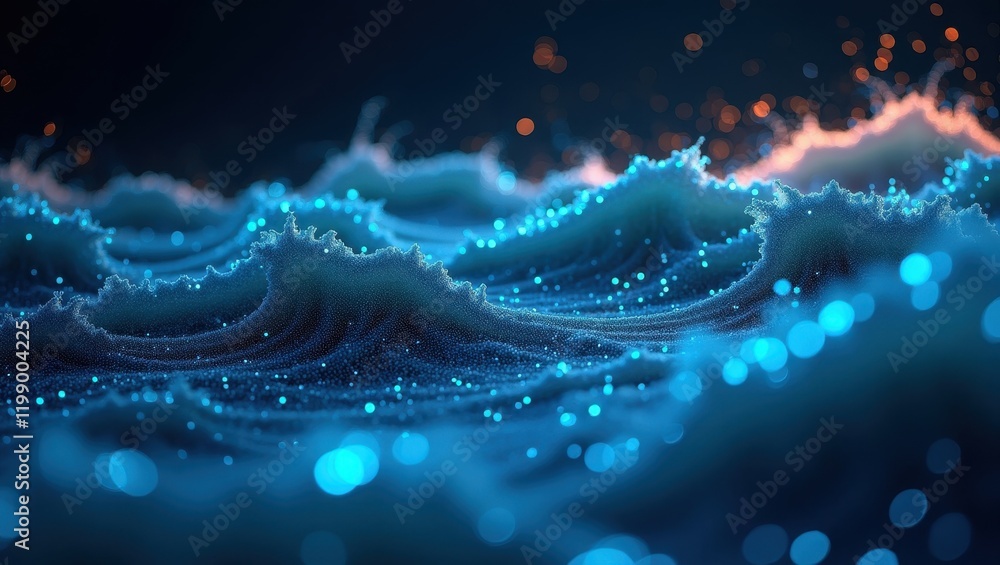 Poster surreal artistic visualization of big data represented as a vibrant ocean with glowing waves and par