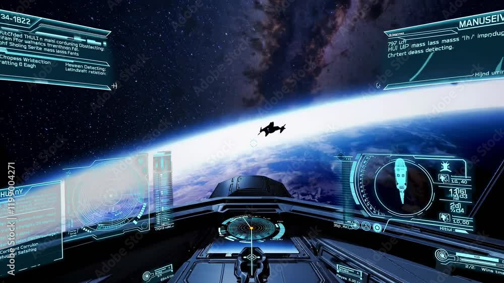 Poster exploring the vast universe from a spacecraft cockpit with stunning starry background