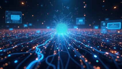 Surreal digital landscape depicting a vibrant cyberspace filled with glowing connections and abstract data streams