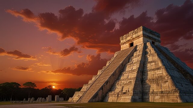 chichenitza in mexico during red sunset