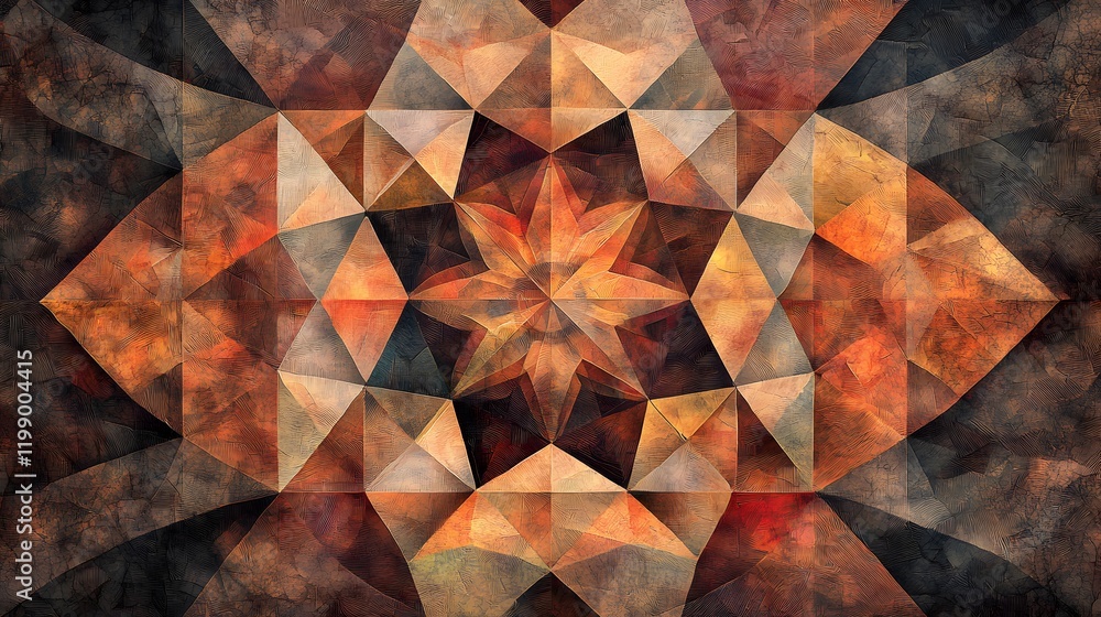 Poster Soft geometric patterns forming a mandala-like design in warm, muted tones