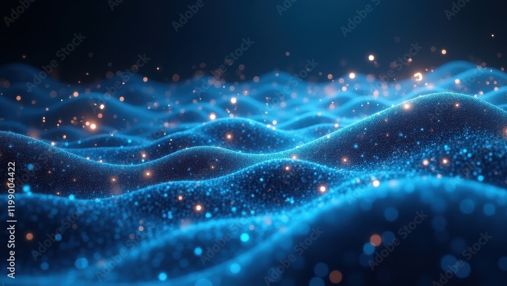 Poster abstract visualization of cyberspace depicting endless waves of digital connectivity illuminated by 