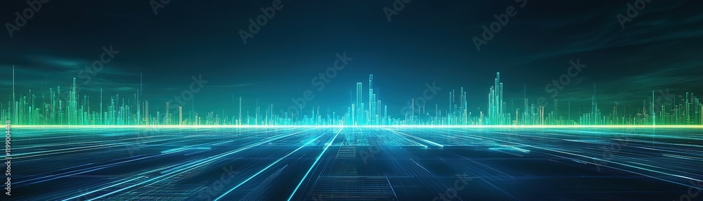Poster glowing financial graphs and data lines illuminate a dark gradient background, creating a sleek and 
