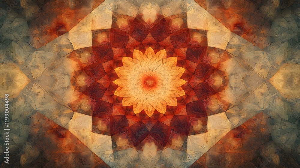 Poster soft geometric patterns forming a mandala-like design in warm, muted tones