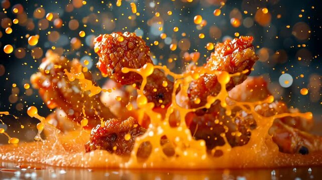 Dynamic scene of chicken wings flying with hot sauce splattering, creating a lively and exciting atmosphere