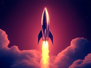 A glowing rocket launching into the starry sky on a dark gradient background, symbolizing innovation and exploration.
