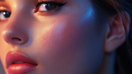 Woman's cheekbones defined and highlighted by beautician's contouring. Creating using generative AI tools