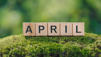 Wooden blocks with word April, natural green backdrop. New month. Spring time concept.