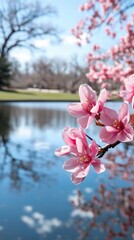 Spring cherry blossoms tranquil lake