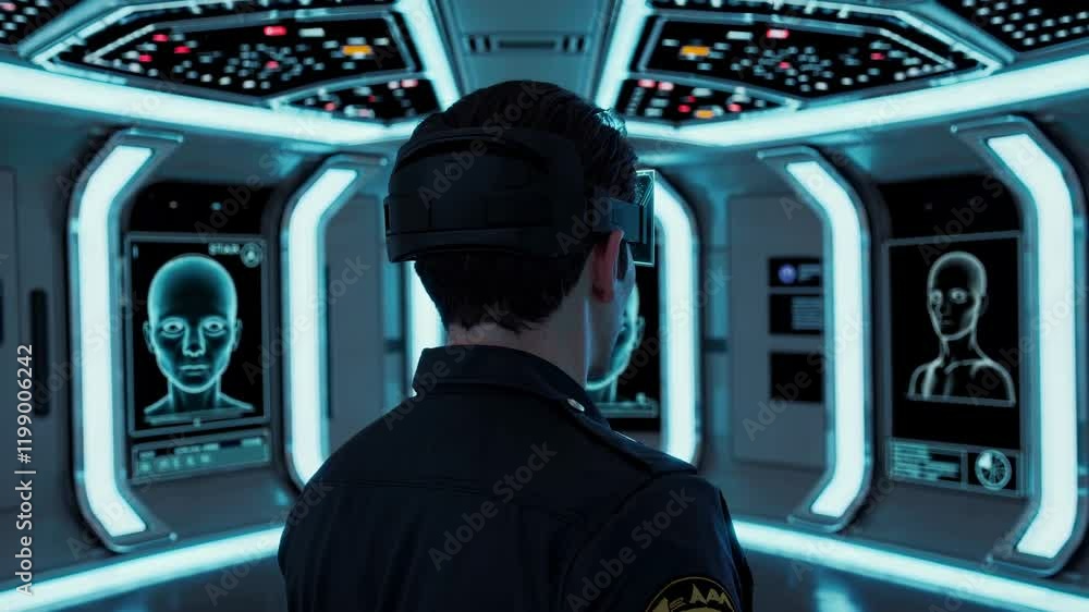 Poster Exploring futuristic technology in a high-tech environment with advanced holographic displays