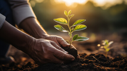 Young volunteers plant trees in city park in the spring. Group people work together to improve the environment.