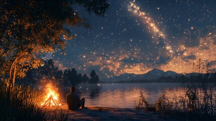 A man sitting by a warm campfire under a starry sky, lost in thought, the crackling fire creating a gentle rhythm