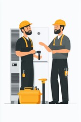 Two Technicians Discussing Repairs While Working on a HVAC Unit with Tools