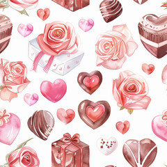 Sweet treats pattern featuring roses, hearts, and chocolates in soft colors